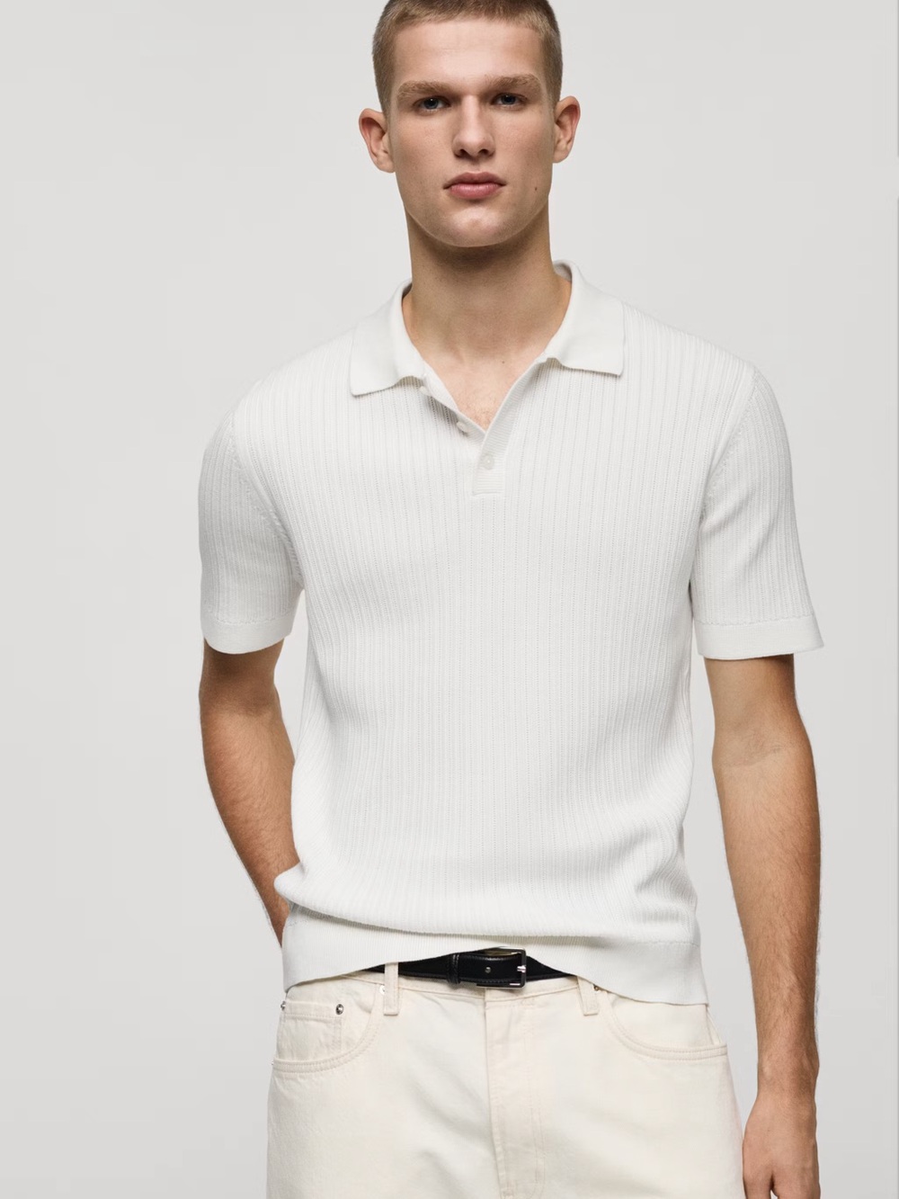 Mango Men's Fine-Knit Ribbed Cotton Polo Shirt